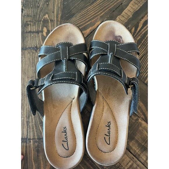 Clarks Leather Slip On Sandals Women 9 Summer Spring Comfort Travel Cruise Trip - Picture 5 of 5